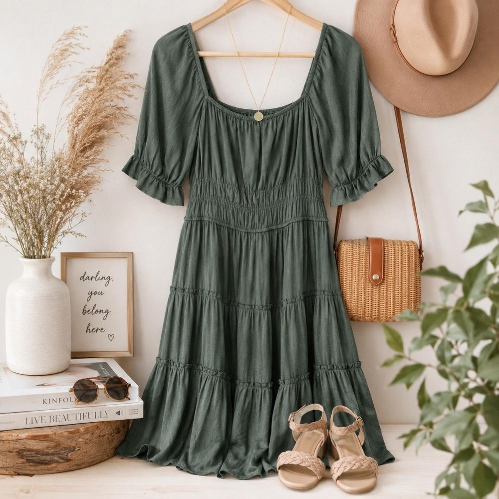 Altar'd State Sage Green Smocked Tiered Mini Dress Puff Sleeve 26X0877HWI Medium